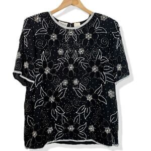 80s Women Stenay Sequin Blouse Top XL Black Beaded Cocktail Party Glam Occasion